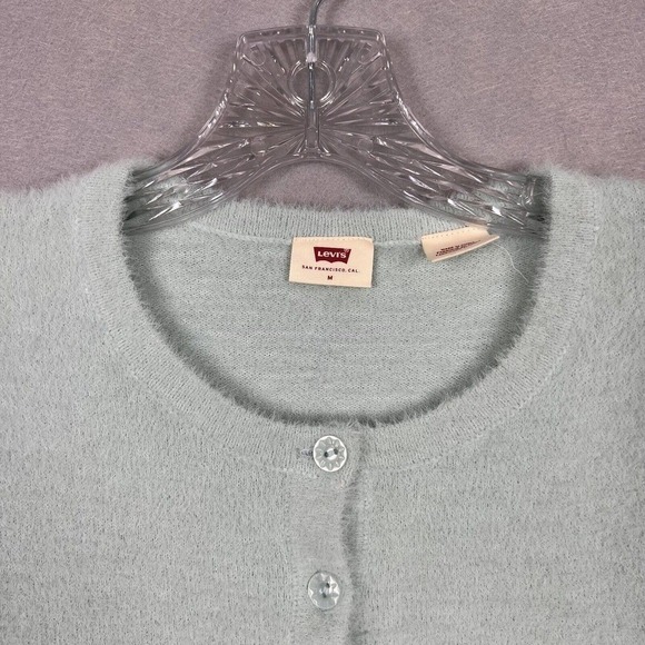 Levi's Crop Top Size Medium Mint Green Fuzzy Button Up Short Sleeve Cozy - Picture 4 of 11